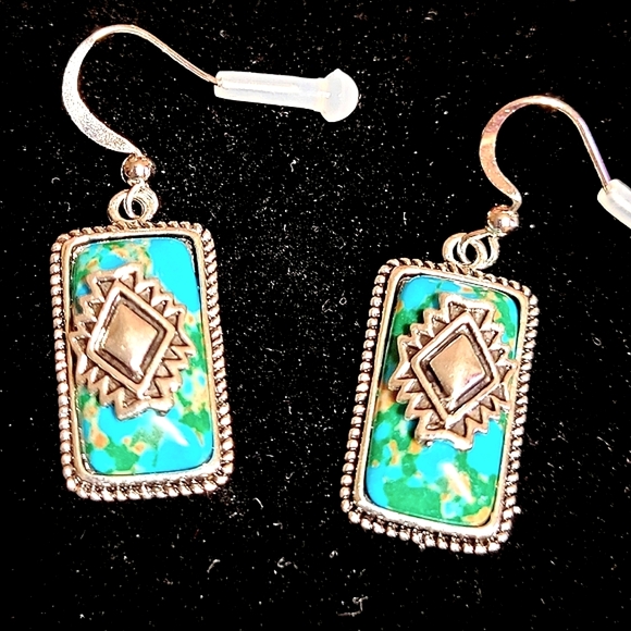 Southwestern Boho Turquoise and Silver Earrings - Picture 2 of 7